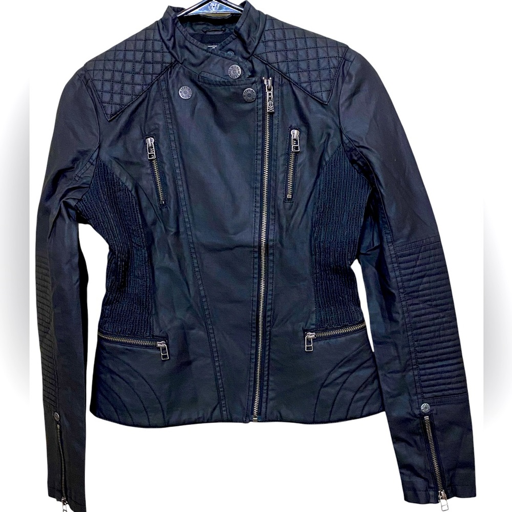 NWT Affliction faux leather moto biker jacket. Patch on back, zip front size XS